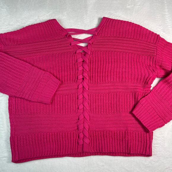 FCT With Love Hot Pink V-Neck Sweater with Lace-Up Back Size Medium - Picture 5 of 9